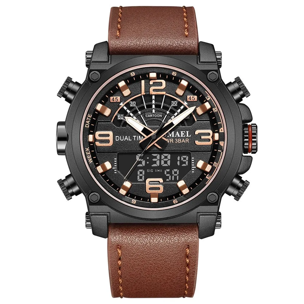 SMAEL Fashion Brand Watch Men Leather Sport Watches Rosegold Waterproof Quartz Wristwatches Chronograph Male Clock