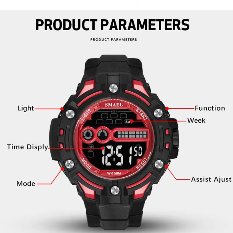 SMAEL Fashion Digital Wristwatches Top Brand Clock Men Military Watches Men&#39;s Sports LED Electronic Date Calendar Watch Relogio