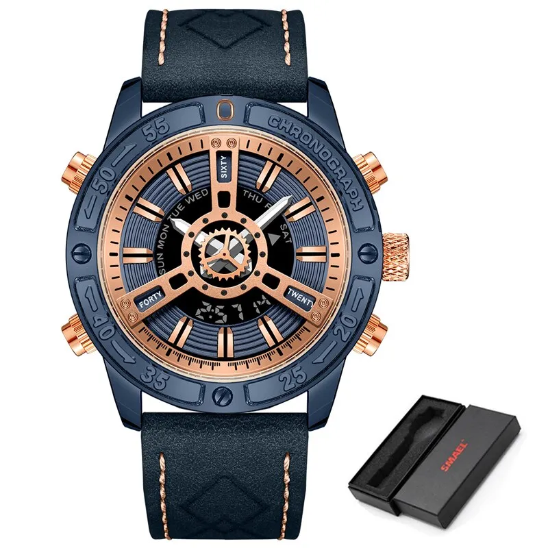 SMAEL Fashion Military Mens Sports Watches Leather Luxury Brand Waterproof Wrist Watch LED Digital Date Calendar Watch Men New