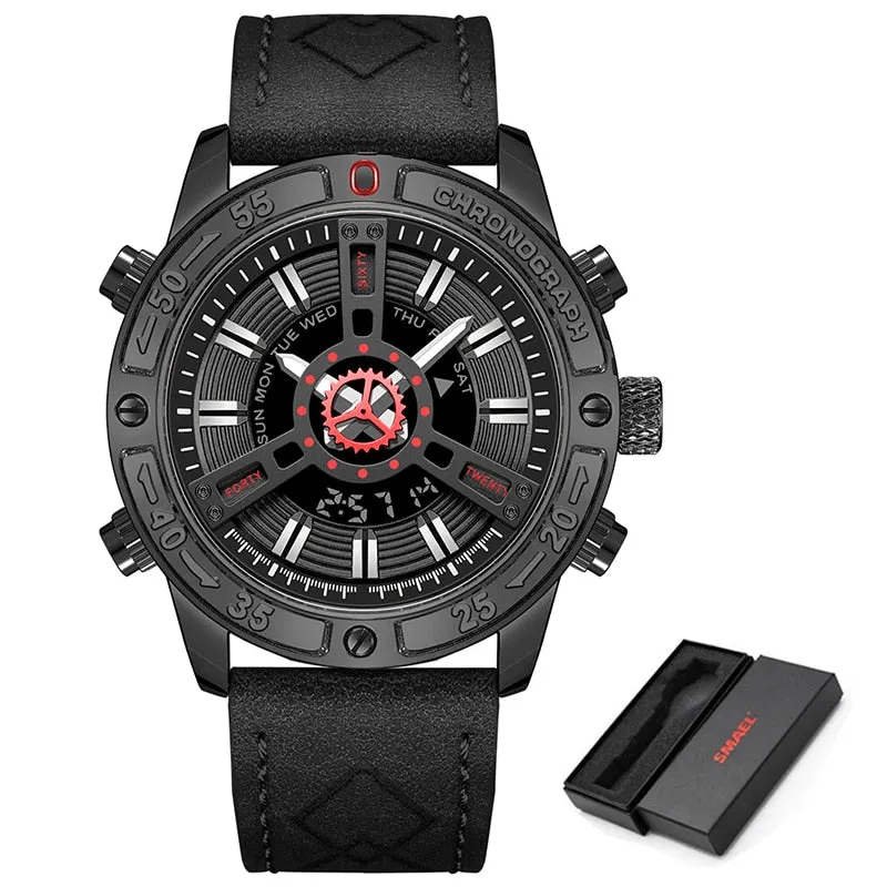 SMAEL Fashion Military Mens Sports Watches Leather Luxury Brand Waterproof Wrist Watch LED Digital Date Calendar Watch Men New