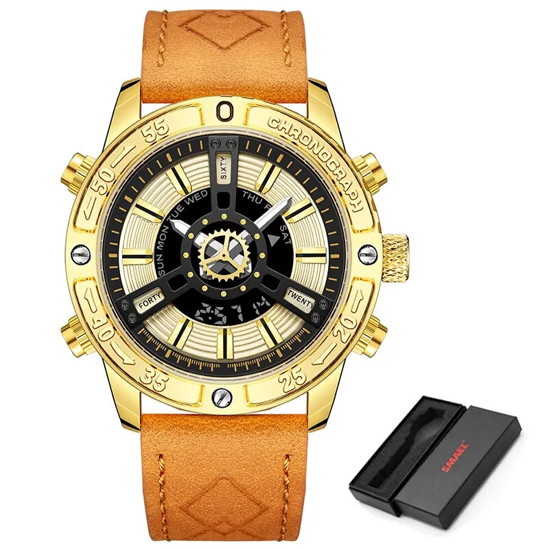 SMAEL Fashion Military Mens Sports Watches Leather Luxury Brand Waterproof Wrist Watch LED Digital Date Calendar Watch Men New
