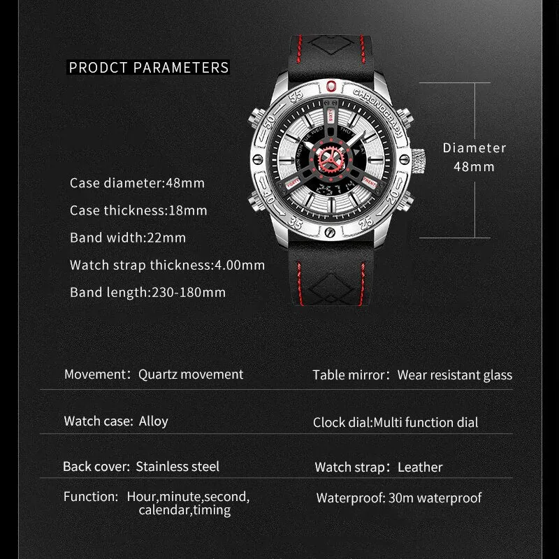 SMAEL Fashion Military Mens Sports Watches Leather Luxury Brand Waterproof Wrist Watch LED Digital Date Calendar Watch Men New