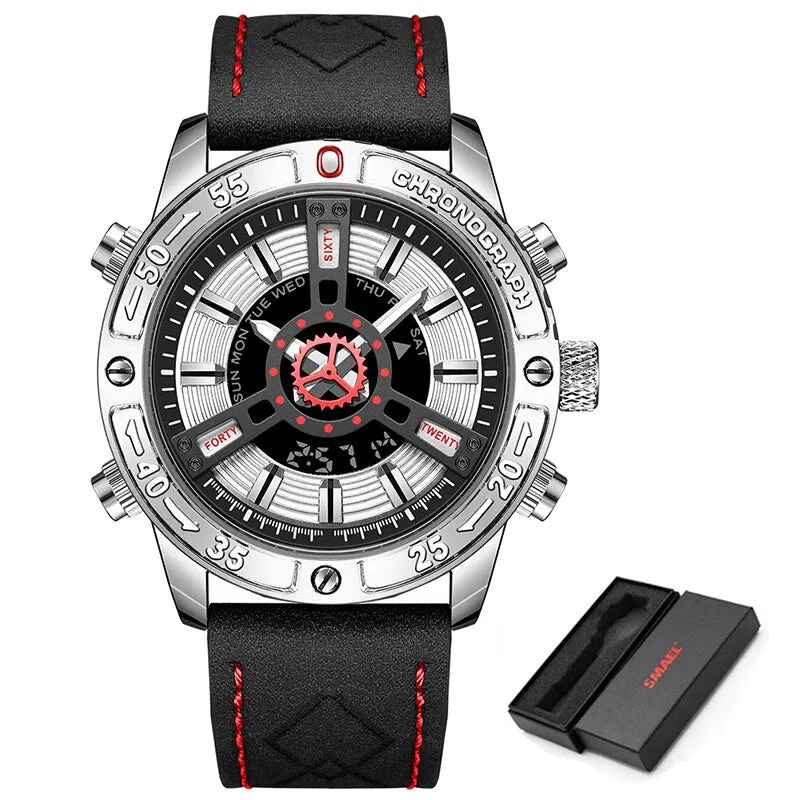 SMAEL Fashion Military Mens Sports Watches Leather Luxury Brand Waterproof Wrist Watch LED Digital Date Calendar Watch Men New