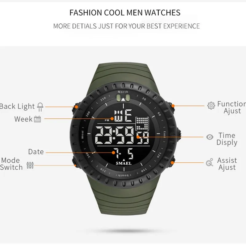 SMAEL Men Outdoor Sports Electronic chronograph 2022 New Men&#39;s Watch Big Dial Digital 50M waterproof Digital LED Wrist Watches