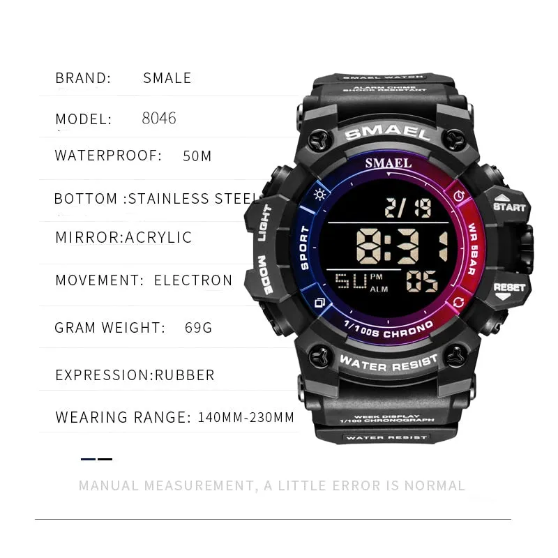 SMAEL Sport Digital Watches For Men WristWatch Military Electronic Watch Mens Waterproof Luminous LED Alarm Auto Date Clock Male