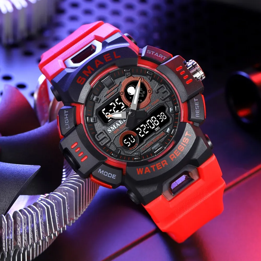 SMAEL Sport Watches For Men Digital LED Dual Display Waterproof Military Wristwatch Student Stopwatch Alarm Quartz Clock Male