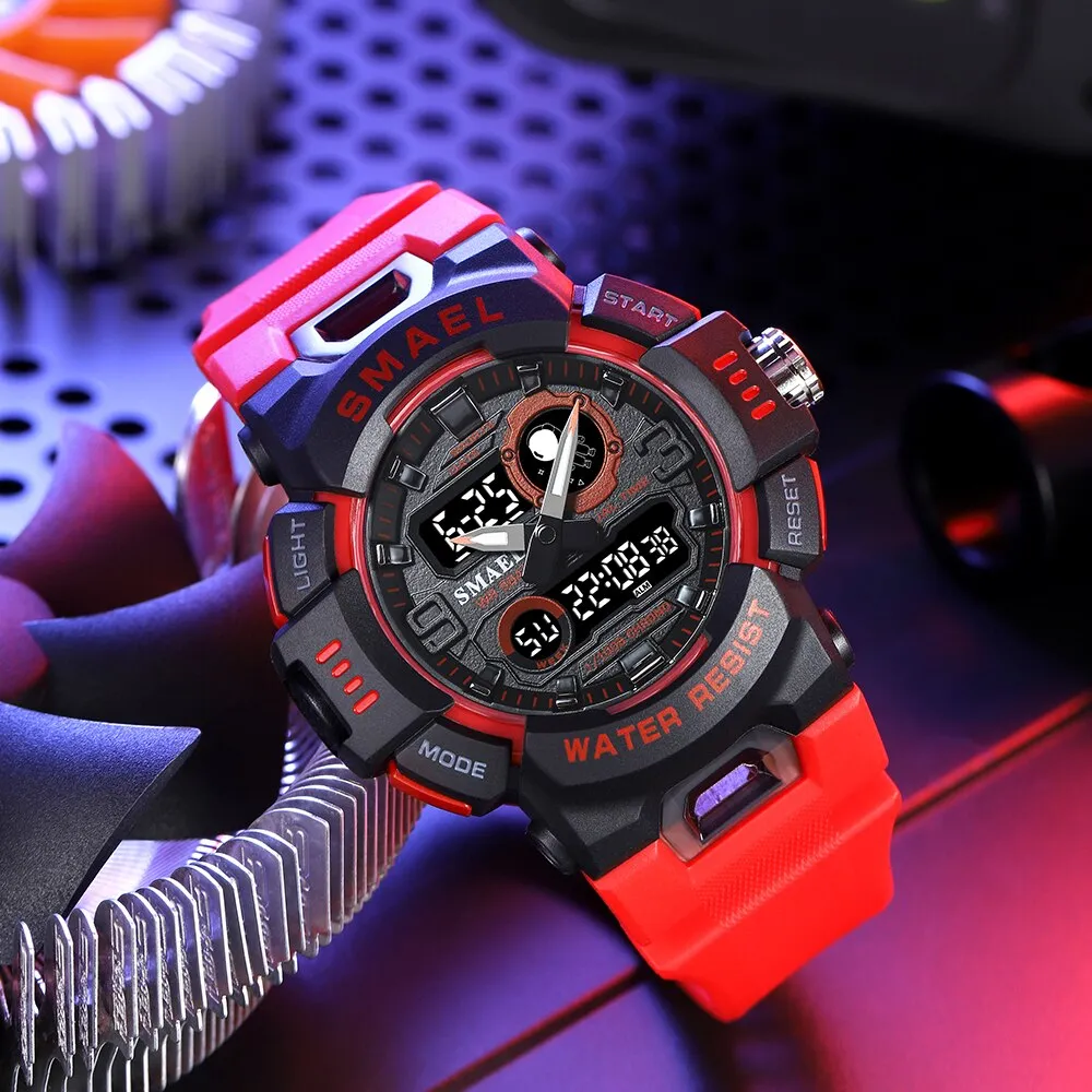 SMAEL Sport Watches For Men Digital LED Dual Display Waterproof Military Wristwatch Student Stopwatch Alarm Quartz Clock Male