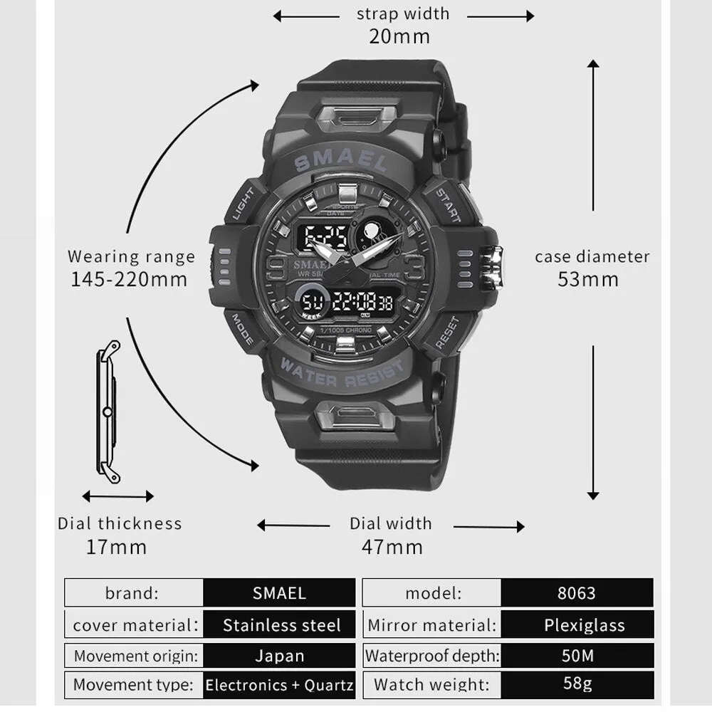SMAEL Sport Watches For Men Digital LED Dual Display Waterproof Military Wristwatch Student Stopwatch Alarm Quartz Clock Male