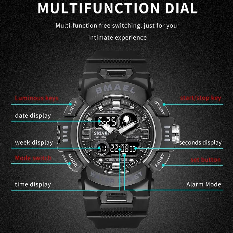 SMAEL Sport Watches For Men Digital LED Dual Display Waterproof Military Wristwatch Student Stopwatch Alarm Quartz Clock Male