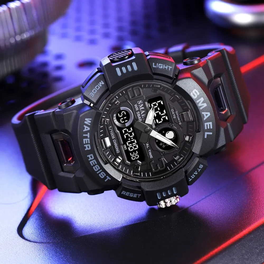SMAEL Sport Watches For Men Digital LED Dual Display Waterproof Military Wristwatch Student Stopwatch Alarm Quartz Clock Male