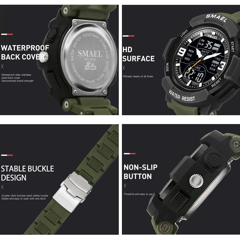 SMAEL Sport Watches for Mens Military Army Waterproof Stopwatch Back Light Date Week Display Clock Study Quartz Wristwatch Male