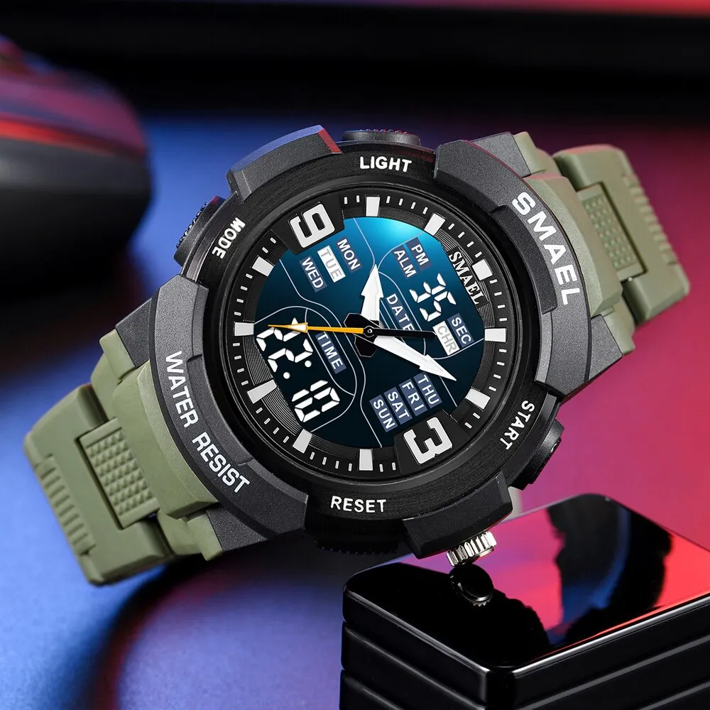 SMAEL Sport Watches for Mens Military Army Waterproof Stopwatch Back Light Date Week Display Clock Study Quartz Wristwatch Male