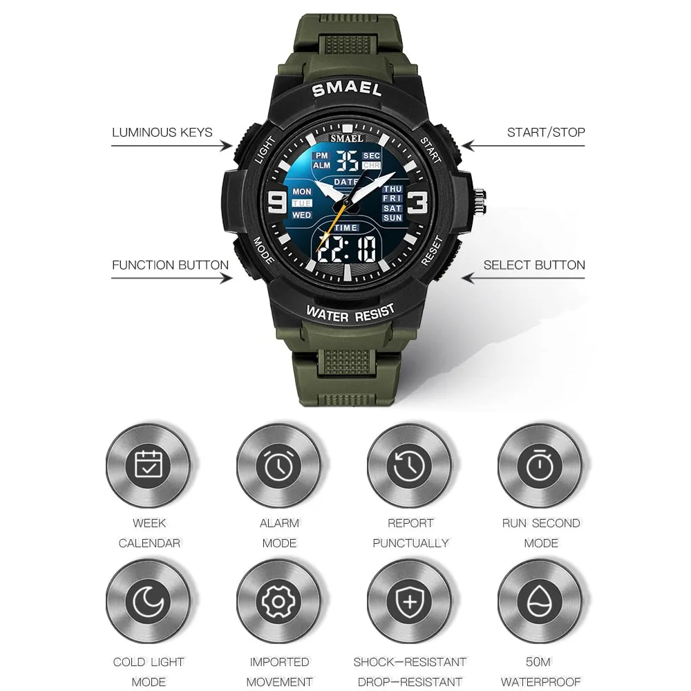 SMAEL Sport Watches for Mens Military Army Waterproof Stopwatch Back Light Date Week Display Clock Study Quartz Wristwatch Male