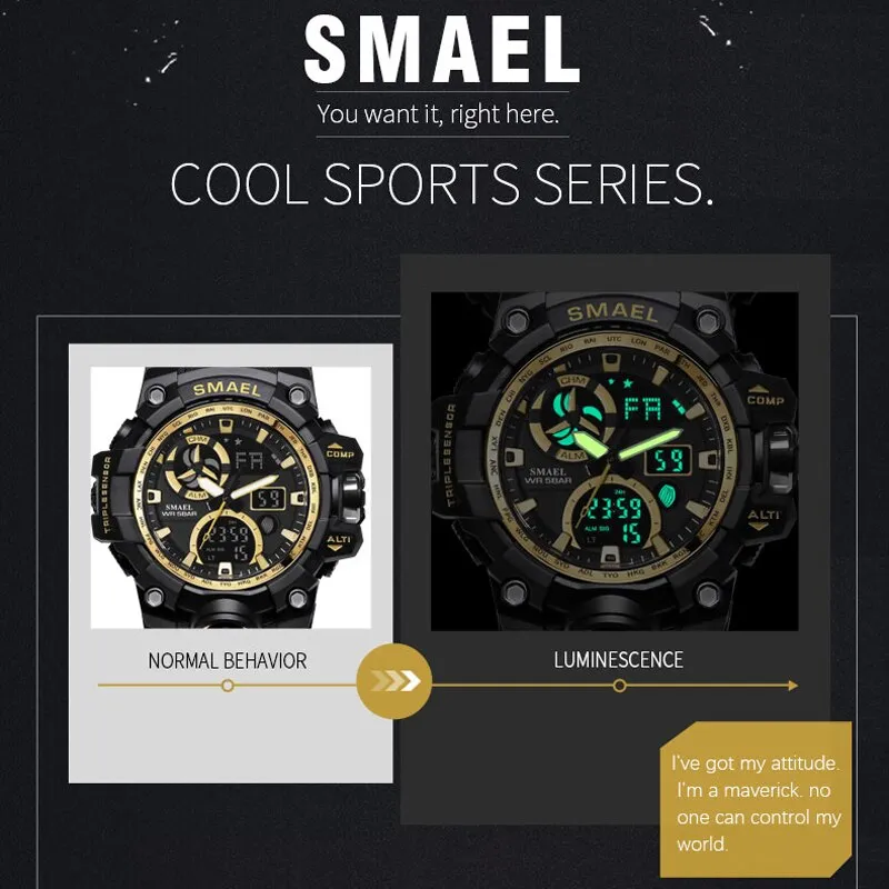 SMAEL Sport Watches Waterproof  Top Brand Luxury Sports Watch Alarm Clock For Male Digital Men's Watch Military Army Wristwatch