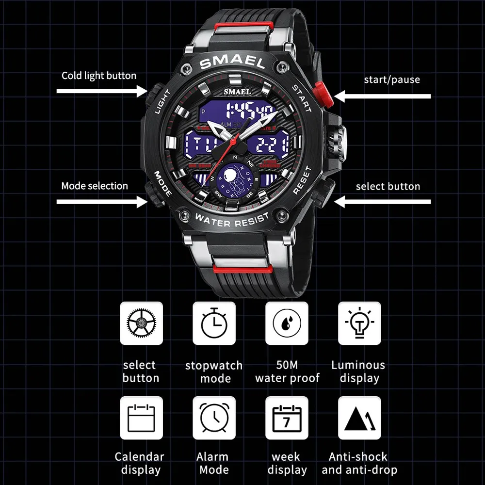 SMAEL Sports Men&#39;s Watches Military Quartz Watch For Man Waterproof Wristwatch Alarm Shock Week Dual Display Digital Clock 8069