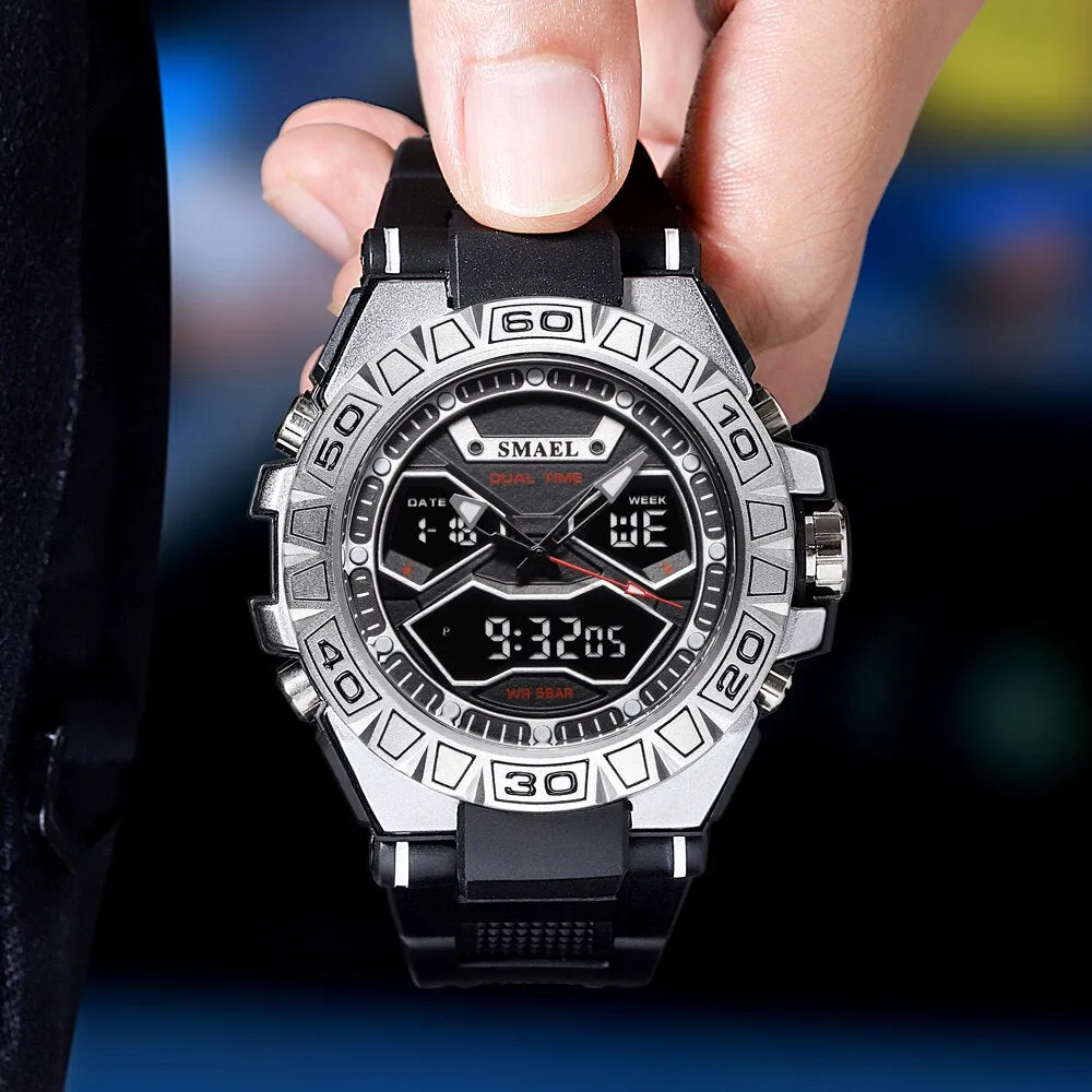 SMAEL Sports Mens Watches Luxury Military Quartz Digital Watch Shockproof Waterproof LED Electronic Dual Display Wristwatch Male