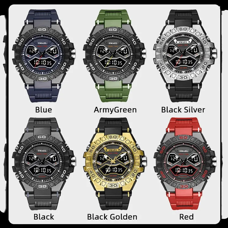 SMAEL Sports Mens Watches Luxury Military Quartz Digital Watch Shockproof Waterproof LED Electronic Dual Display Wristwatch Male