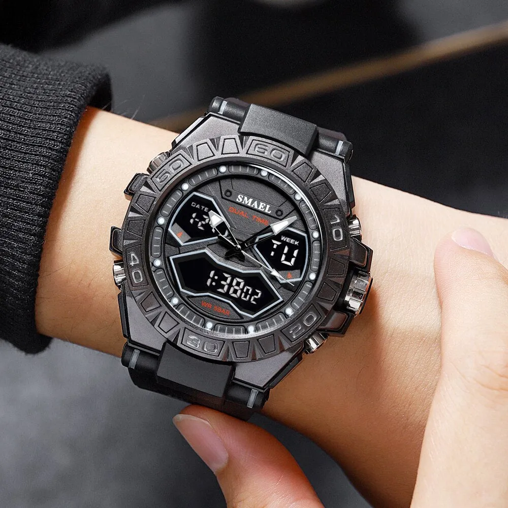 SMAEL Sports Mens Watches Luxury Military Quartz Digital Watch Shockproof Waterproof LED Electronic Dual Display Wristwatch Male
