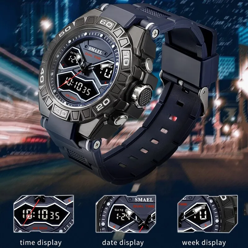 SMAEL Sports Mens Watches Luxury Military Quartz Digital Watch Shockproof Waterproof LED Electronic Dual Display Wristwatch Male