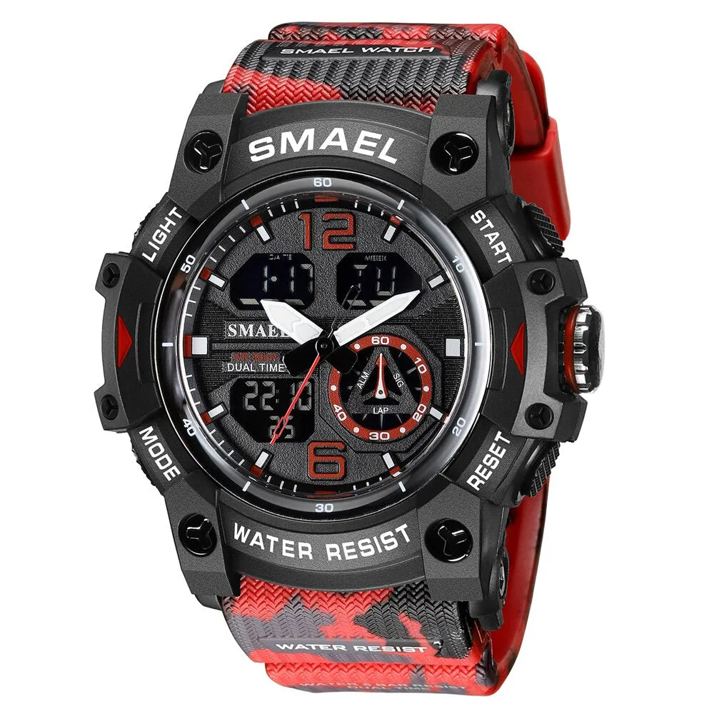 SMAEL Sports Watches Men Camo Watchband Digital Dual Quartz Wristwatches Digital LED Fashion Stopwatch Alarm Military Clock Male