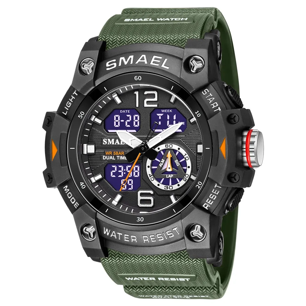 SMAEL Sports Watches Men Camo Watchband Digital Dual Quartz Wristwatches Digital LED Fashion Stopwatch Alarm Military Clock Male