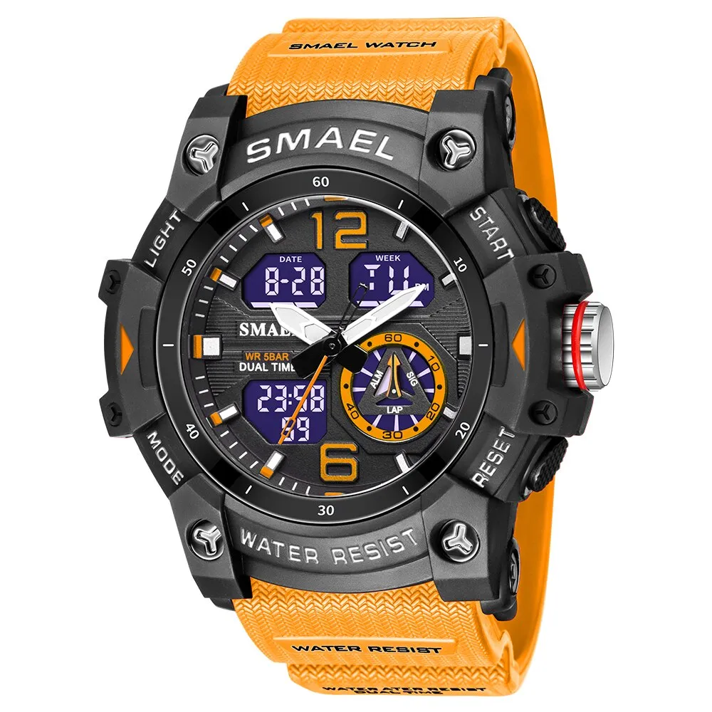 SMAEL Sports Watches Men Camo Watchband Digital Dual Quartz Wristwatches Digital LED Fashion Stopwatch Alarm Military Clock Male