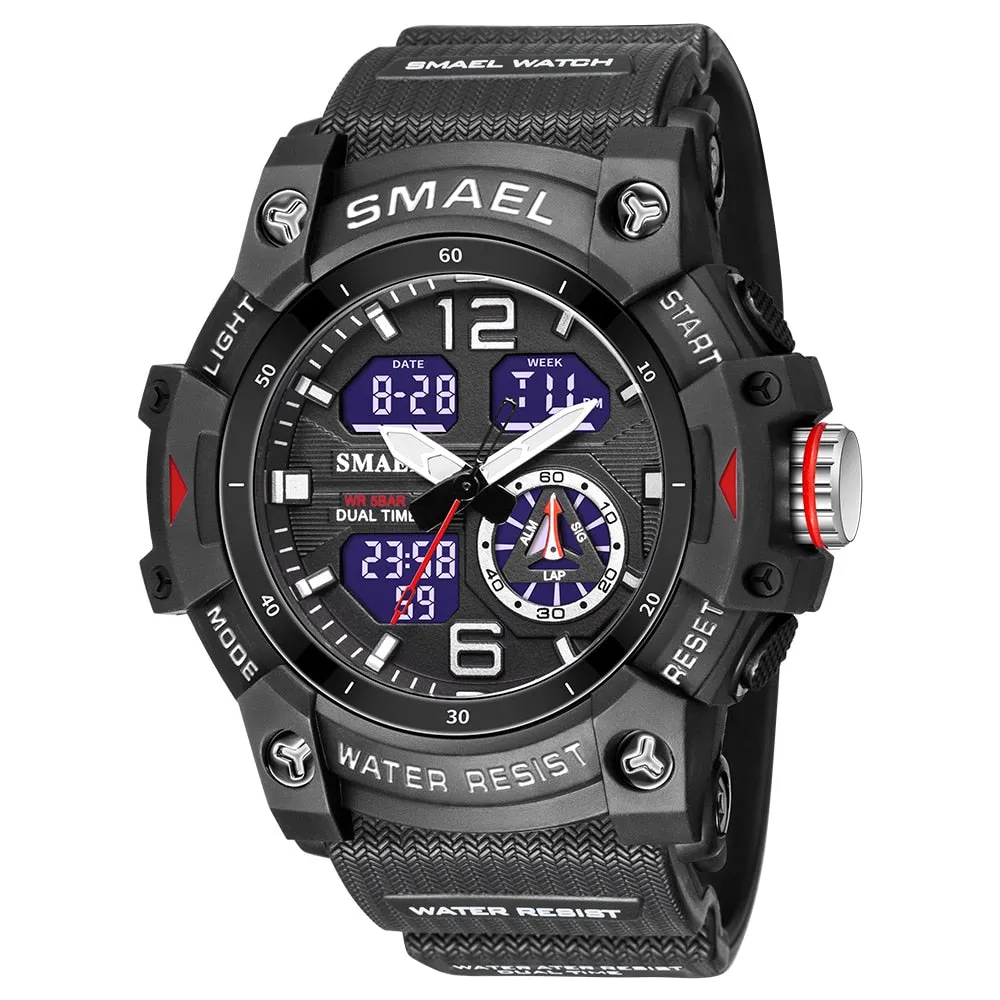 SMAEL Sports Watches Men Camo Watchband Digital Dual Quartz Wristwatches Digital LED Fashion Stopwatch Alarm Military Clock Male