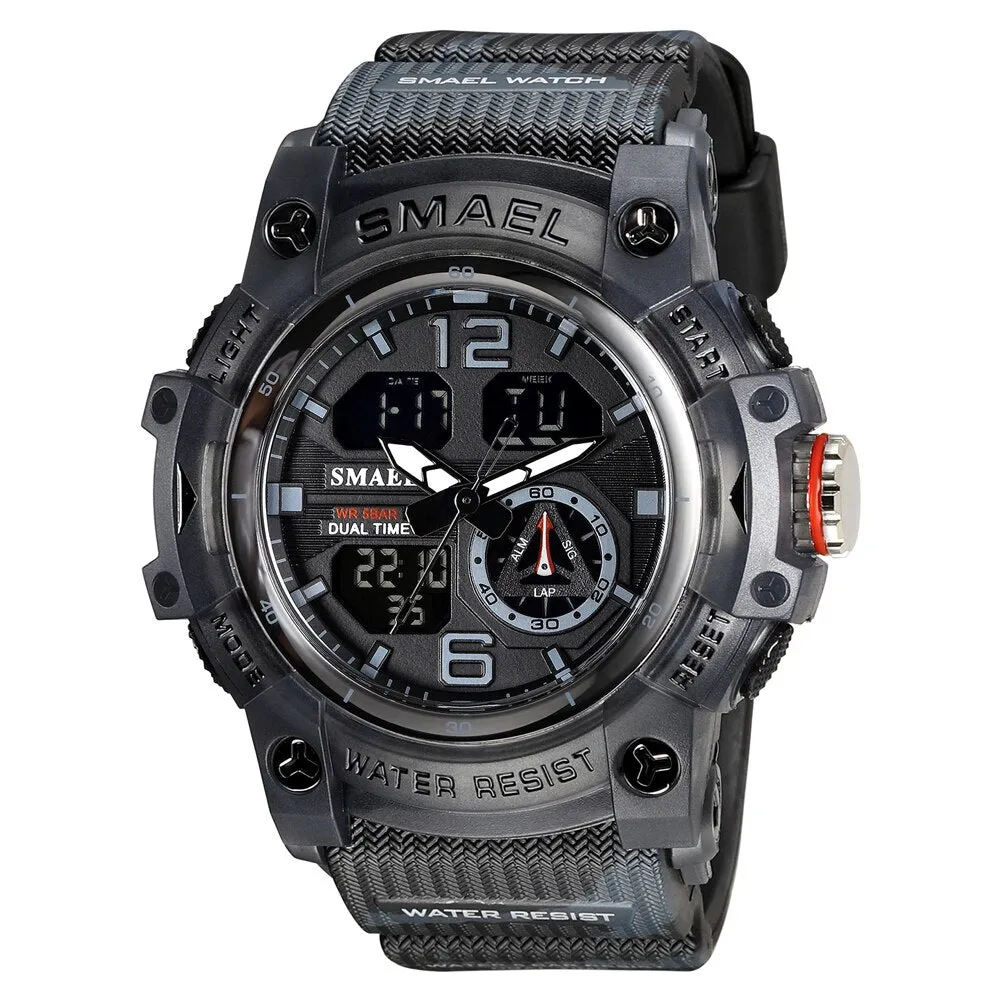 SMAEL Sports Watches Men Camo Watchband Digital Dual Quartz Wristwatches Digital LED Fashion Stopwatch Alarm Military Clock Male
