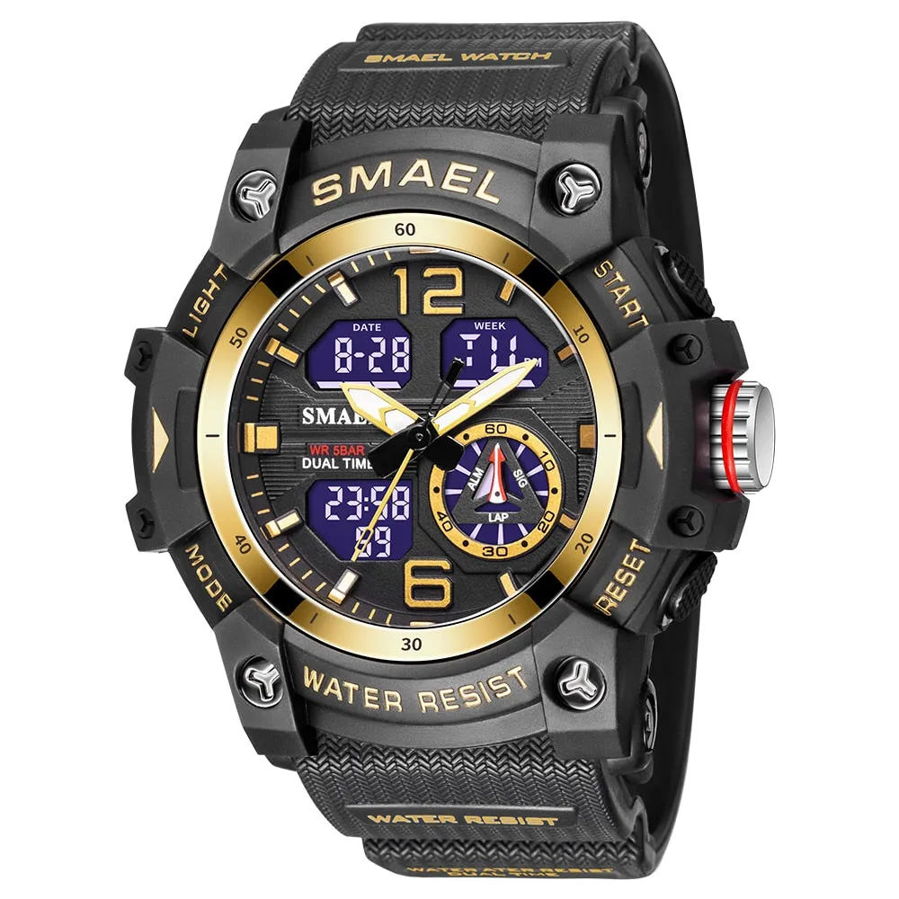 SMAEL Sports Watches Men Camo Watchband Digital Dual Quartz Wristwatches Digital LED Fashion Stopwatch Alarm Military Clock Male