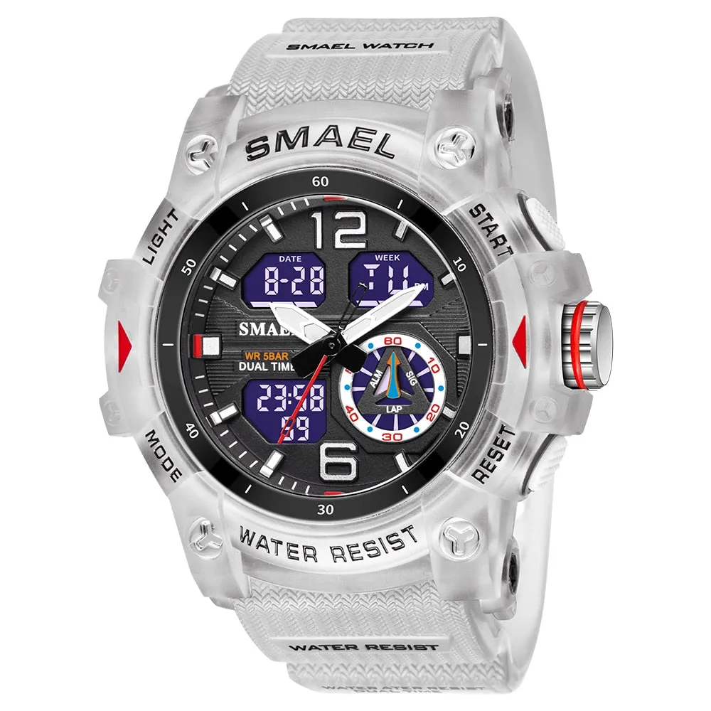SMAEL Sports Watches Men Camo Watchband Digital Dual Quartz Wristwatches Digital LED Fashion Stopwatch Alarm Military Clock Male