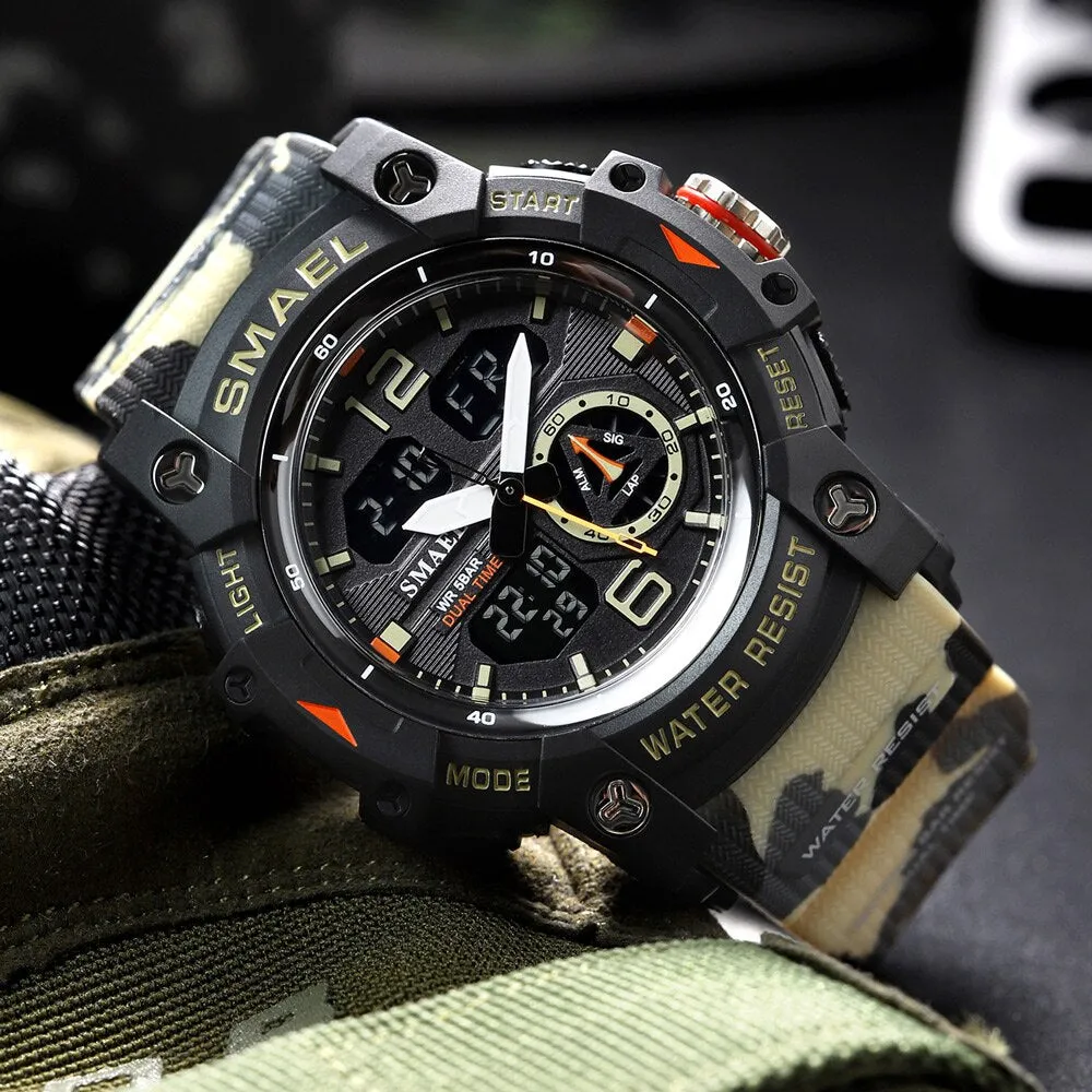SMAEL Sports Watches Men Camo Watchband Digital Dual Quartz Wristwatches Digital LED Fashion Stopwatch Alarm Military Clock Male