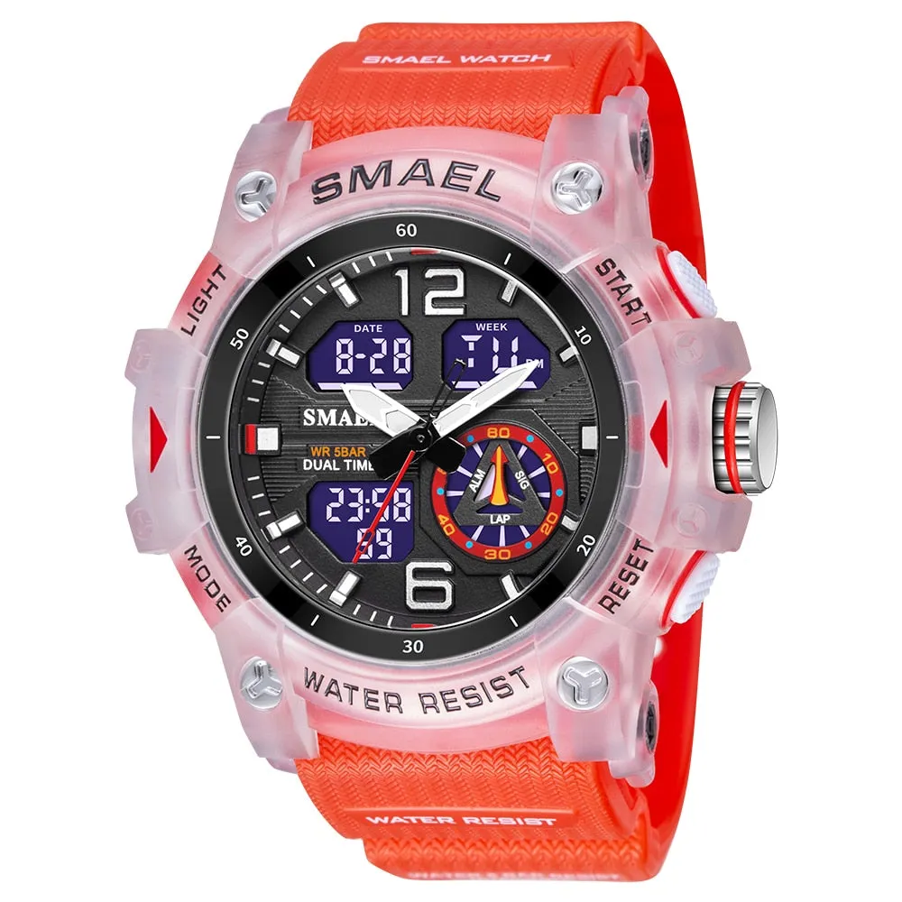 SMAEL Sports Watches Men Camo Watchband Digital Dual Quartz Wristwatches Digital LED Fashion Stopwatch Alarm Military Clock Male