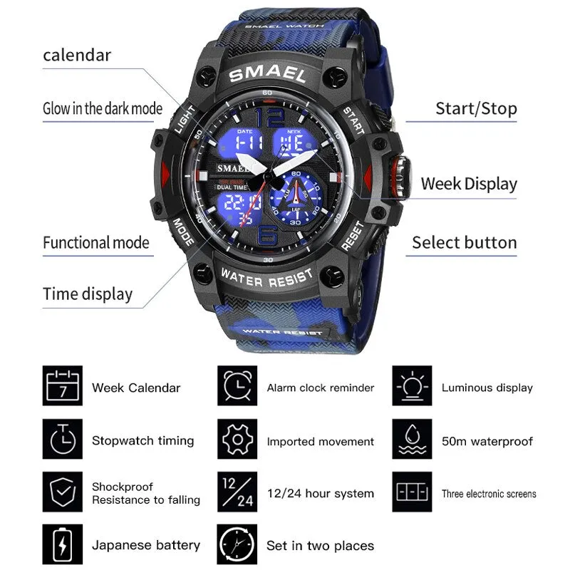 SMAEL Sports Watches Men Camo Watchband Digital Dual Quartz Wristwatches Digital LED Fashion Stopwatch Alarm Military Clock Male