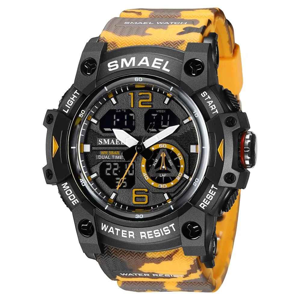 SMAEL Sports Watches Men Camo Watchband Digital Dual Quartz Wristwatches Digital LED Fashion Stopwatch Alarm Military Clock Male