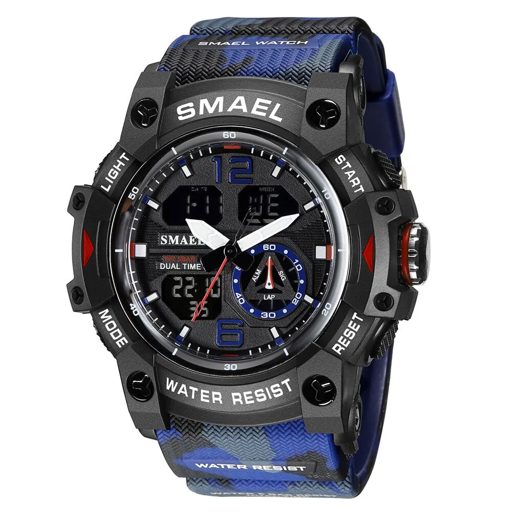 SMAEL Sports Watches Men Camo Watchband Digital Dual Quartz Wristwatches Digital LED Fashion Stopwatch Alarm Military Clock Male