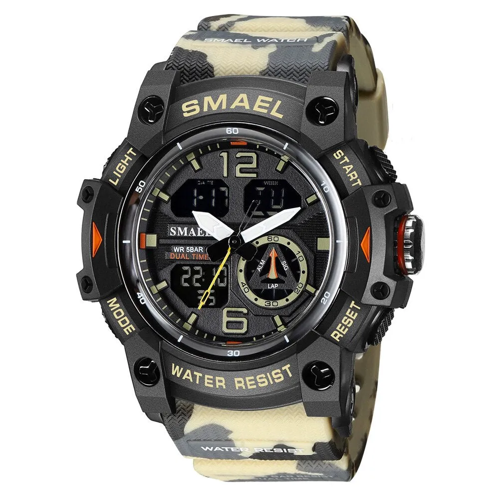 SMAEL Sports Watches Men Camo Watchband Digital Dual Quartz Wristwatches Digital LED Fashion Stopwatch Alarm Military Clock Male