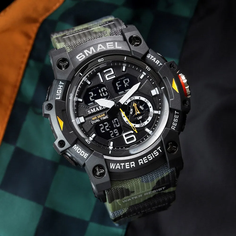 SMAEL Sports Watches Men Camo Watchband Digital Dual Quartz Wristwatches Digital LED Fashion Stopwatch Alarm Military Clock Male