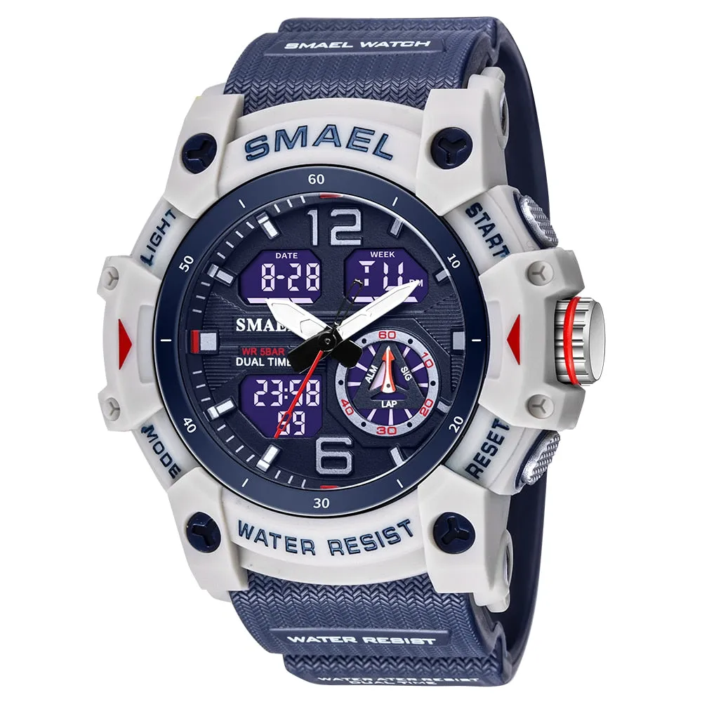SMAEL Sports Watches Men Camo Watchband Digital Dual Quartz Wristwatches Digital LED Fashion Stopwatch Alarm Military Clock Male