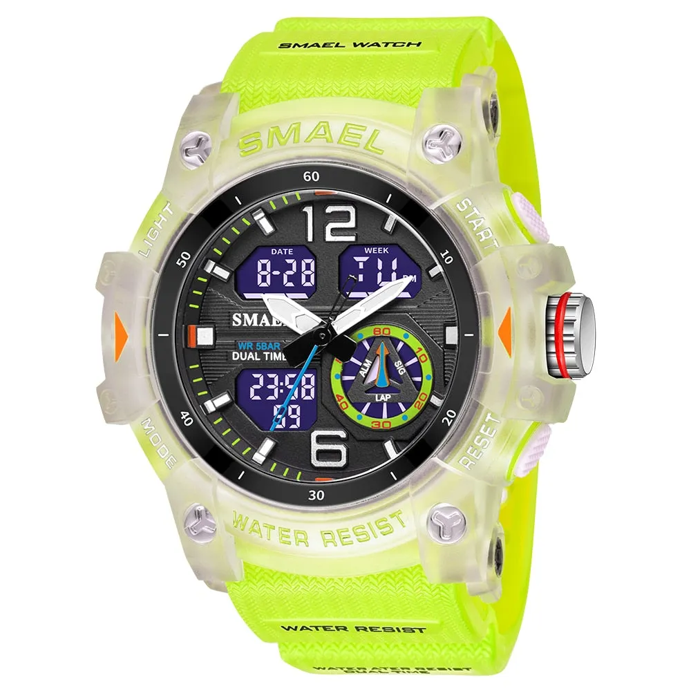 SMAEL Sports Watches Men Camo Watchband Digital Dual Quartz Wristwatches Digital LED Fashion Stopwatch Alarm Military Clock Male