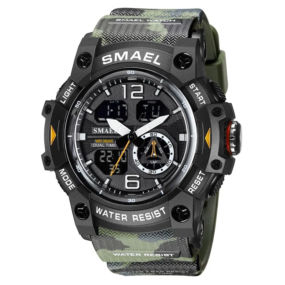 SMAEL Sports Watches Men Camo Watchband Digital Dual Quartz Wristwatches Digital LED Fashion Stopwatch Alarm Military Clock Male