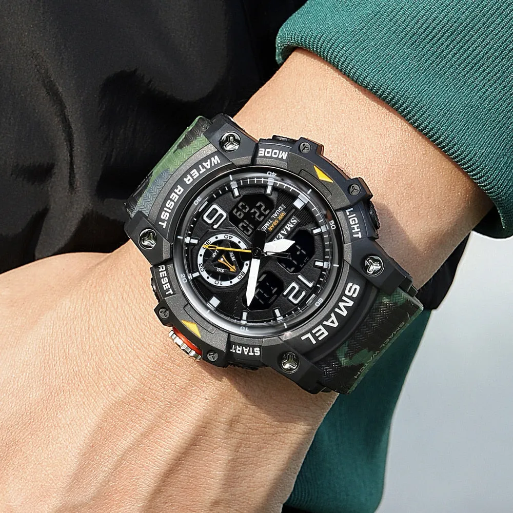 SMAEL Sports Watches Men Camo Watchband Digital Dual Quartz Wristwatches Digital LED Fashion Stopwatch Alarm Military Clock Male