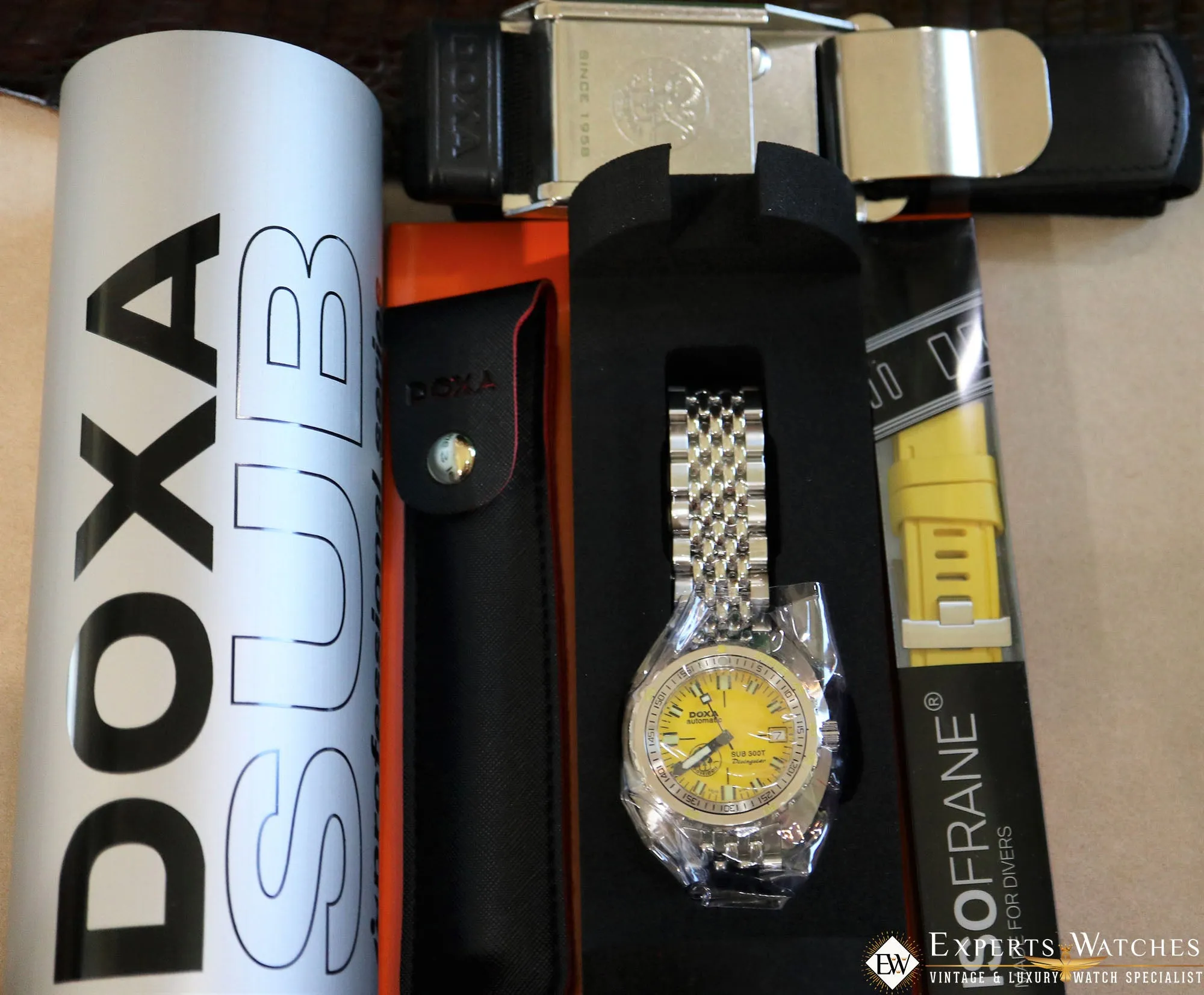 Sold!!! New Limited Edition Doxa Sub 300T Poseidon Divingstar Yellow Dial Full Set Belt