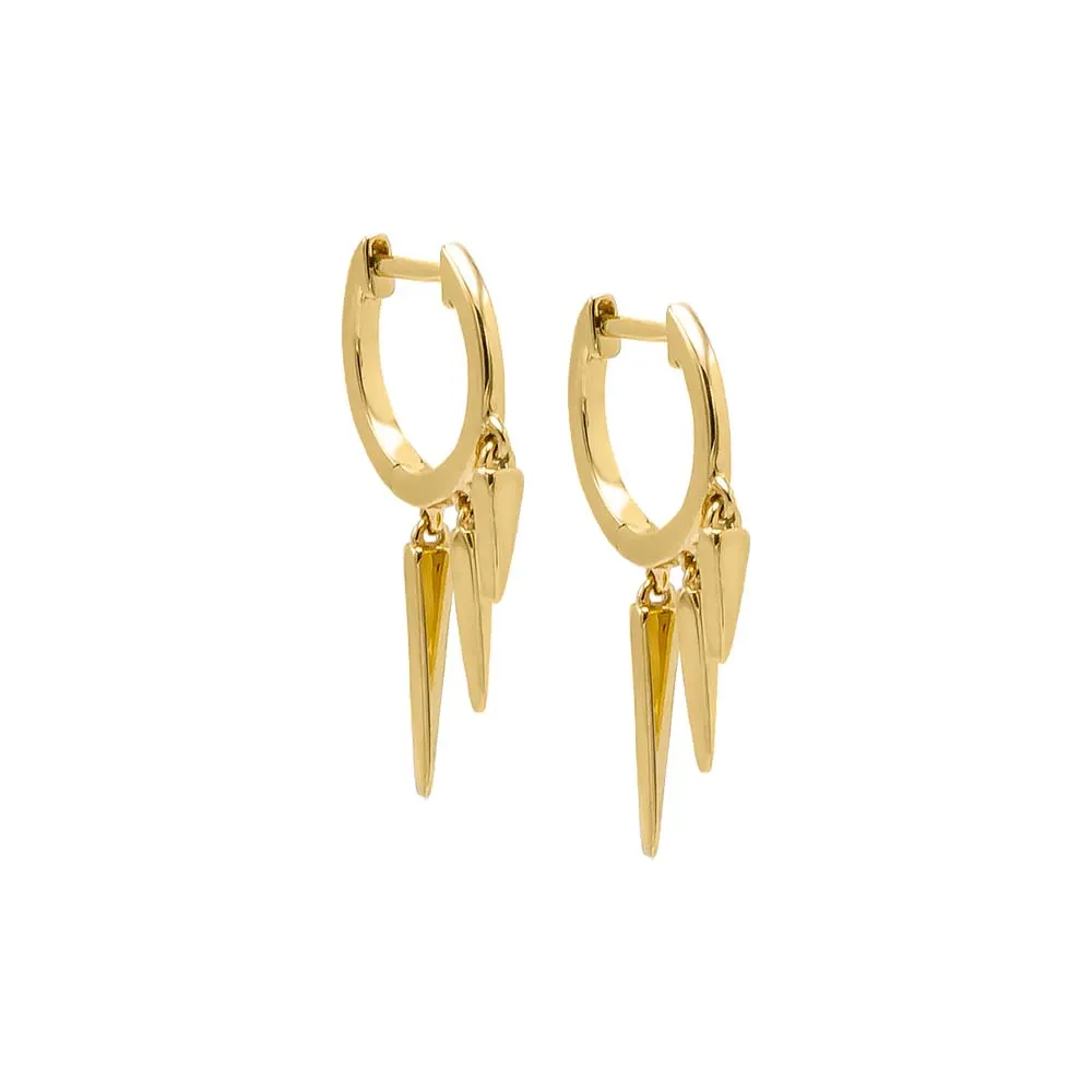 Solid Dangling Triple Spike Huggie Earring 14K