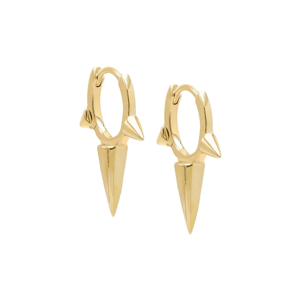 Solid Elongated Triple Spike Huggie Earring 14K