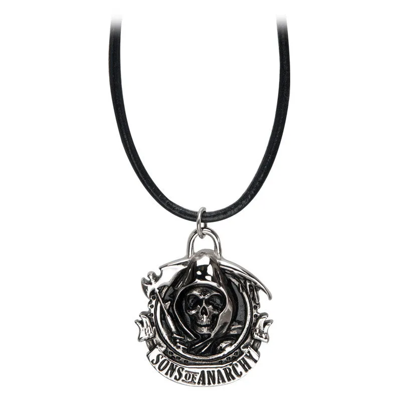 Sons of Anarchy Stainless Steel Grim Reaper Pendant with Black Leather Cord