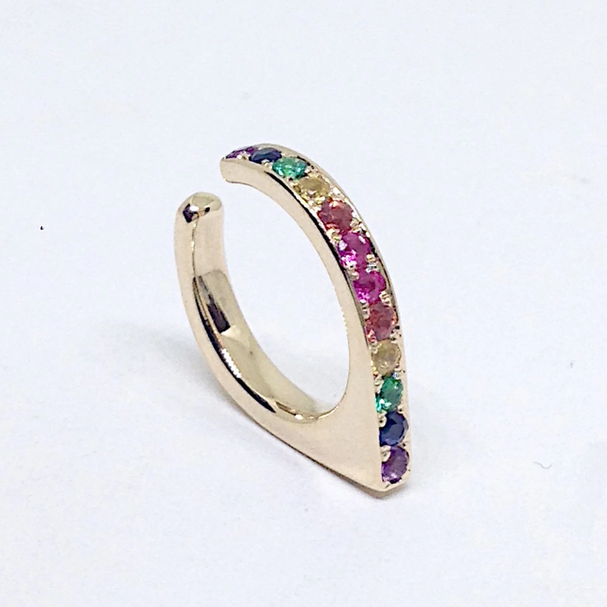 Spike Collection: 14K Gold Pavé Rainbow Gemstone Spike Point Ear Cuff