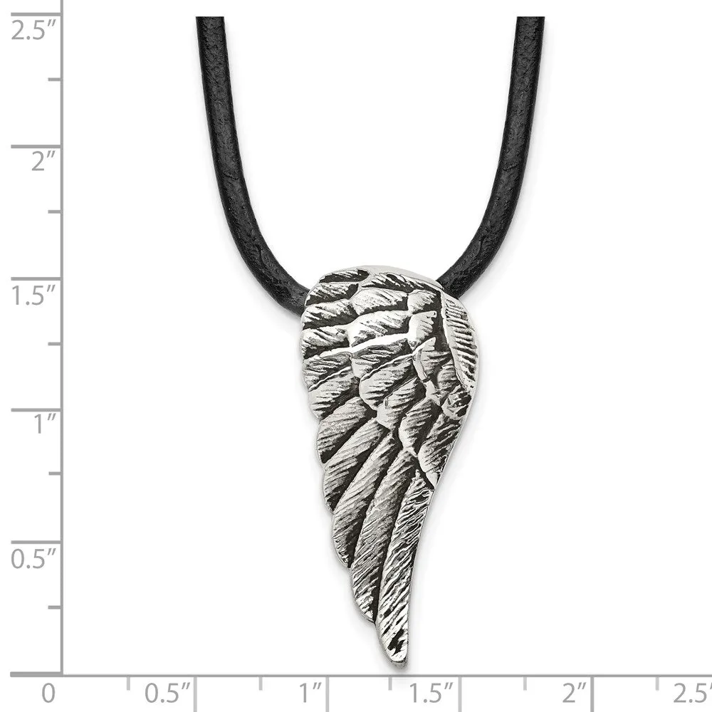 Stainless Steel Antiqued and Polished Wing w/20in Leather Cord Necklace