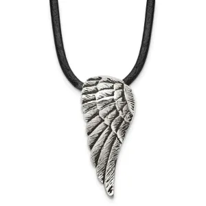 Stainless Steel Antiqued and Polished Wing w/20in Leather Cord Necklace