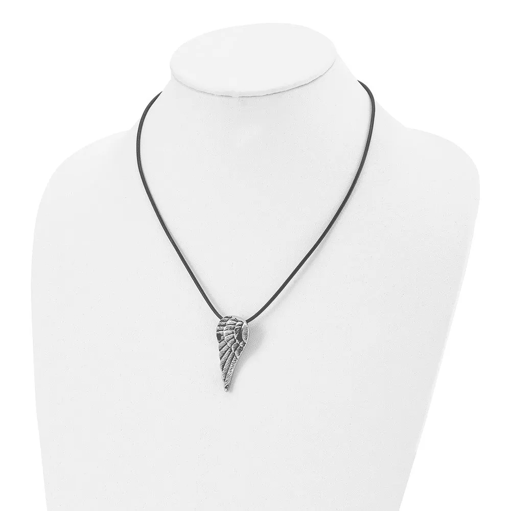 Stainless Steel Antiqued and Polished Wing w/20in Leather Cord Necklace