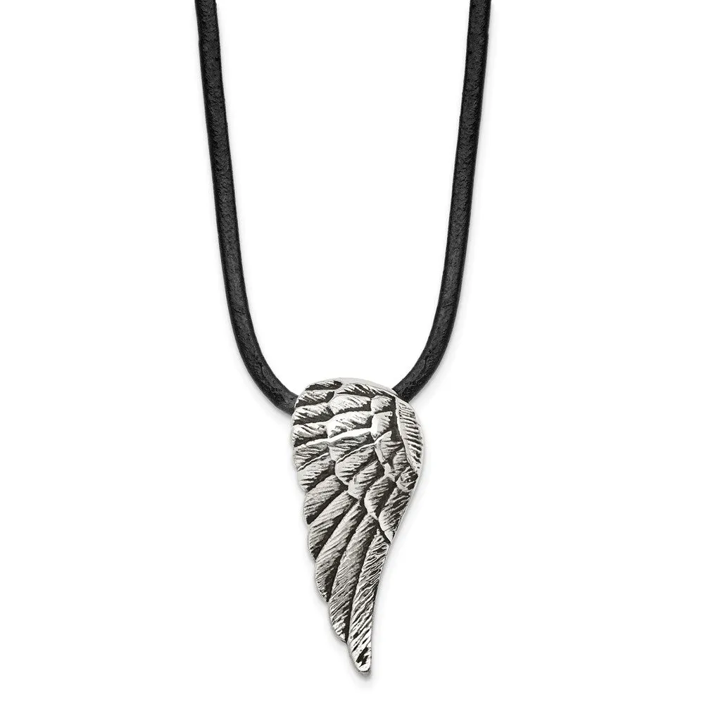 Stainless Steel Antiqued and Polished Wing w/20in Leather Cord Necklace